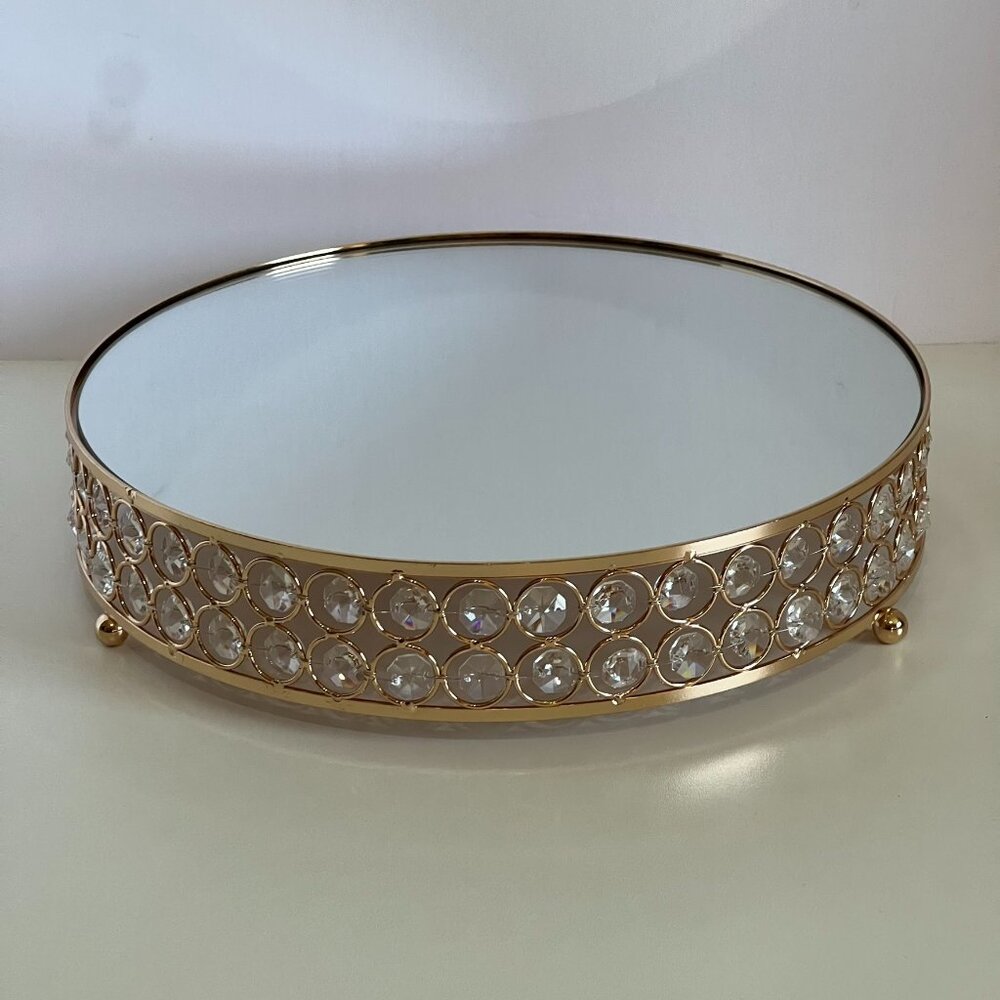 Rose Gold Mirror Top Elegant Round Cake Stand w Crystal Beads Fancy Formal Event